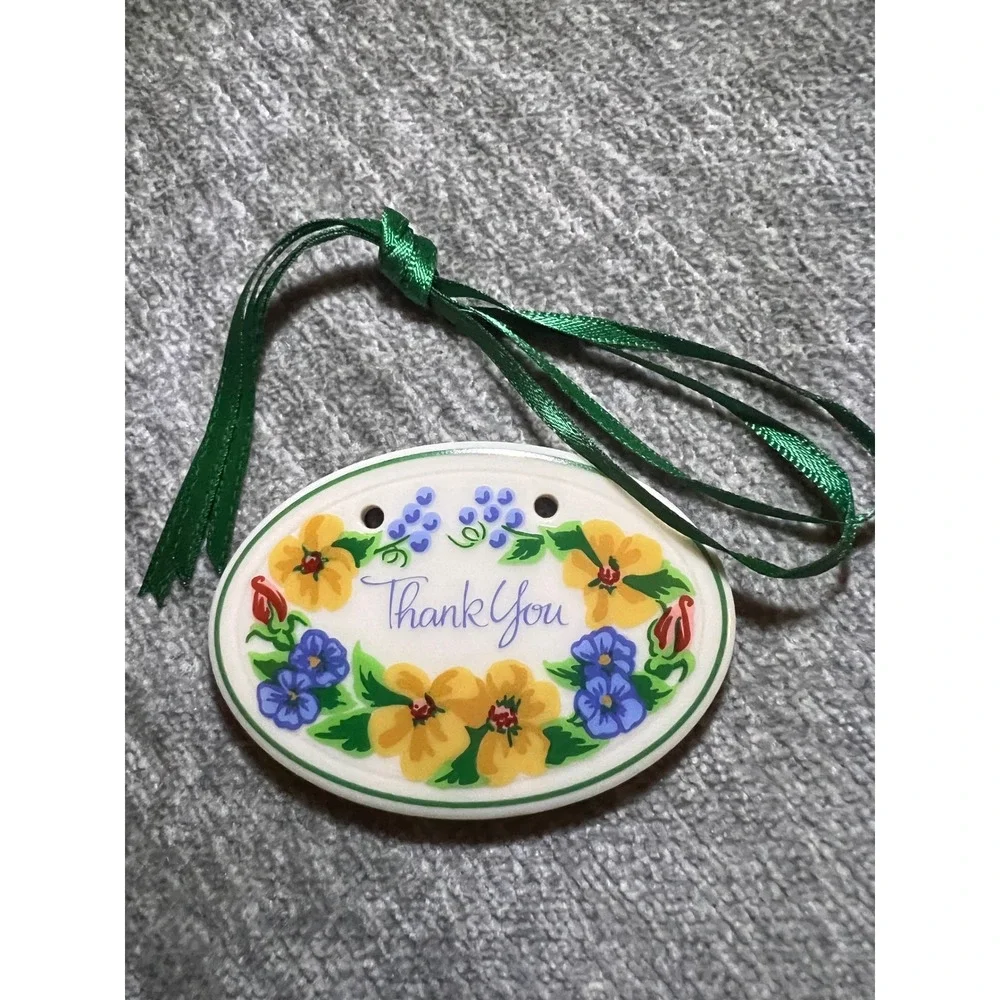 Longaberger Pottery Thank You Basket Tie-On White Floral Ceramic Charm Vintage